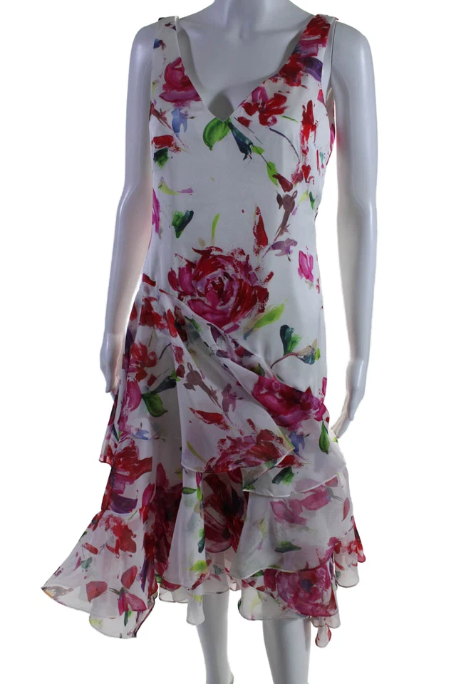 Vestido Theia Para Mujer Cremallera Trasera Sin Mangas Cuello en V Estampado en Niveles Blanco Multi Talla 4 Foto 2 de 4