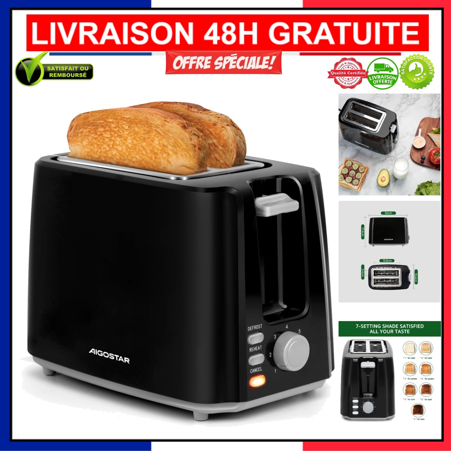 Grille-pain 2 fentes design moderne Aigostar appareil de cuisine 7 niveaux de dorage