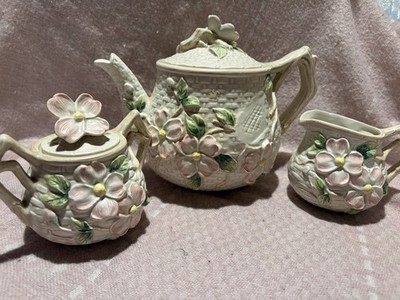 Fitz & Floyd Bluebird Garden Dogwood Tea Set Teapot Sugar Bowl Creamer 1990 READ