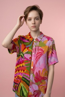 Farm Rio Mixed Scarves Blouse Short Sleeve Button Up Tropical Floral Large