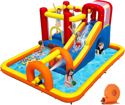 Inflatable Bounce House Water Park with Long Water Slide & Large Splash Pool Fit