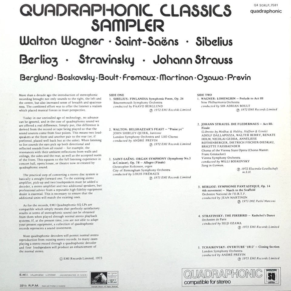 Quadraphonic Classics Sampler Vinyl LP 1973 EMI Australia Q4 SOXLP.7581 - Image 2 of 2