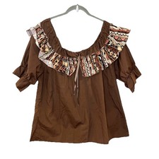 Mondiki Brown Ruffled Square Dance Blouse Top Southwestern Aztec Print Size L