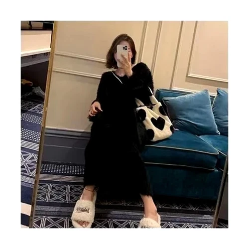 Warm Sweater Sleepshirts Plush Dress Maxi Dress Women V Neck Straight Pajamas - Imagen 15 de 16