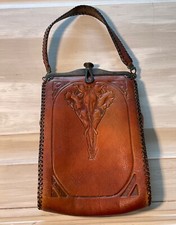 Antique Hand Tooled Leather Purse Suede Lining Hand Strap Turnloc