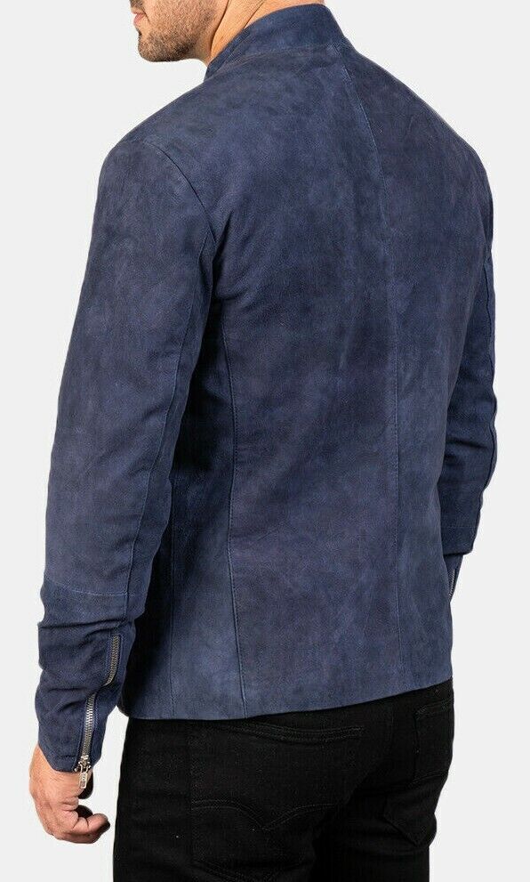 Men's Blue Suede Jacket Genuine Soft Sheepskin Slim Fit Party Wear Coat