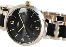 Damenuhr Frauen Armbanduhr edel elegant Schwarz Gelbgold Keramiklook SS78 AKZENT