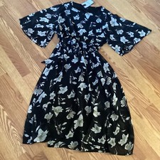 NWT Fuifac Black Floral Lined Chiffon Keyhole Belted Dress Size 20