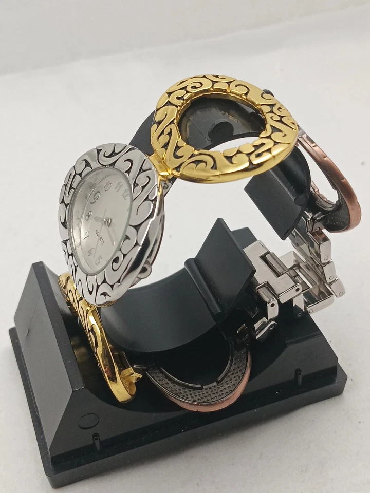 Reloj Geneva Vintage Brazalete Reloj Tres Tonos Oro Plata Bronce Color Correa Foto 3 de 4