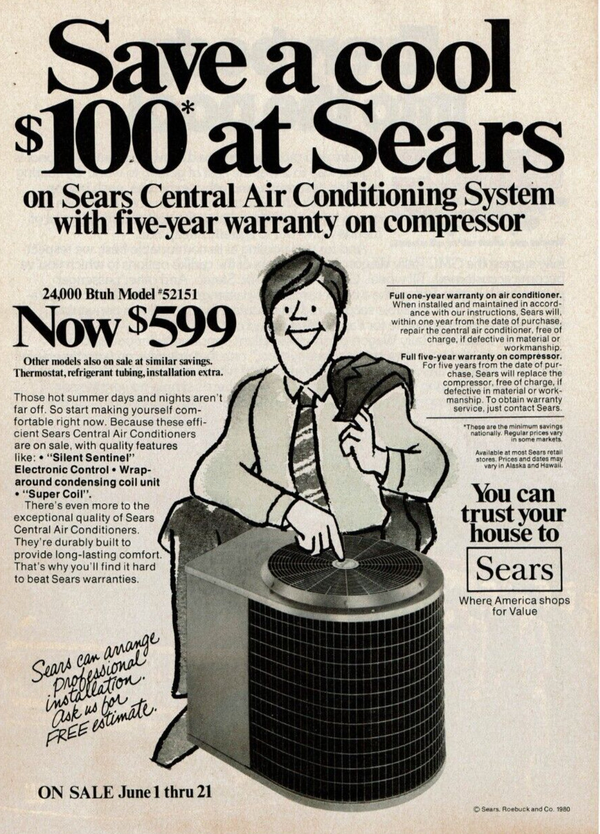 1980 Vintage Print Ad Save a cool $100 at Sears Central Air Conditioning System