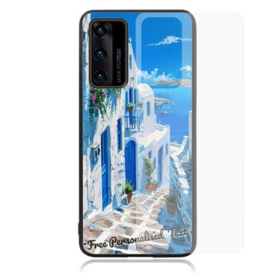 Personalised Text For Huawei Glass Phone Case Series Santorini Greece Landscape