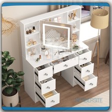 Vanity Desk Makeup Dressing Table With Smart LED Mirror 7 Drawers  Crystal Pull