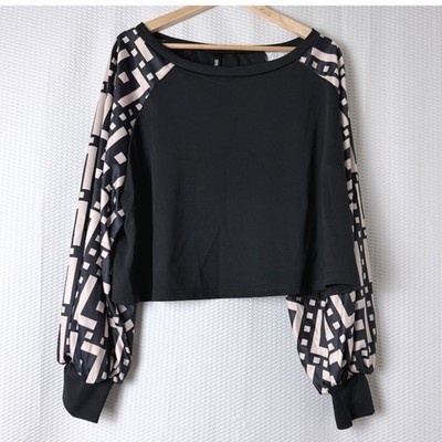 Stylewe Blouse Women 2X Black Geometric Balloon Sleeve Cropped Work Plus Size
