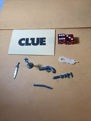 2011 Clue Mystery game replacement pieces, six weapons two dice Murder Envelope