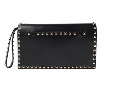 VALENTINO GARAVANI Rockstud Leather Clutch Foldover Wristlet Large Black Silver