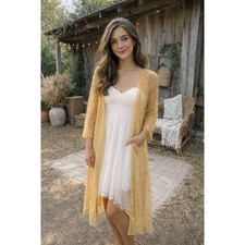 Womens Lace Sheer Kimono Duster Size M Yellow Boho Fairy Whimsical Coquette