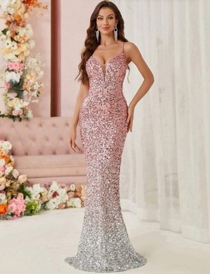 Gradient Color Sparkling  Sequin Backless Spaghetti Strap Mermaid Dress 2 XS