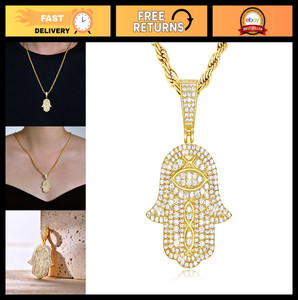 Authentic 18K Gold Plated Evil Eye Hamsa Hand Pendant Necklace - Iced Out Good Luck Charm