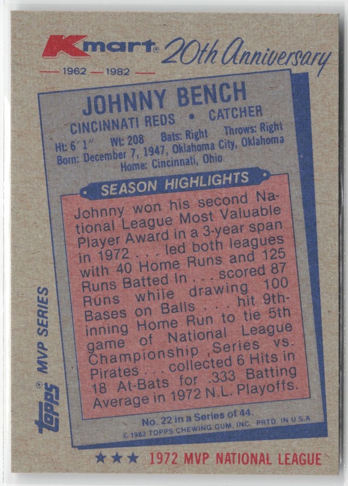 1982 Topps Kmart 20th Anniversary AL & NL MVP's Johnny Bench #22 ...
