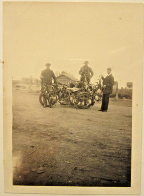 1924 Motorcyclists after Duck Hunt. Good Day! b&w photo 3 1/2'' x 2 1/2''.