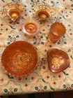 6 PIECES OF OLD CARNIVAL GLASS, ALL MARIGOLD, ASSORTED PATTERNS