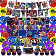 Geometry Dash Happy Birthday Party Decor Banner Balloon Background Cake Topper