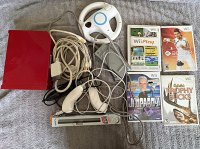 Nintendo Wii RVL-001 Console Bundle w/ Controllers, Cables, Wheel & 4 Games
