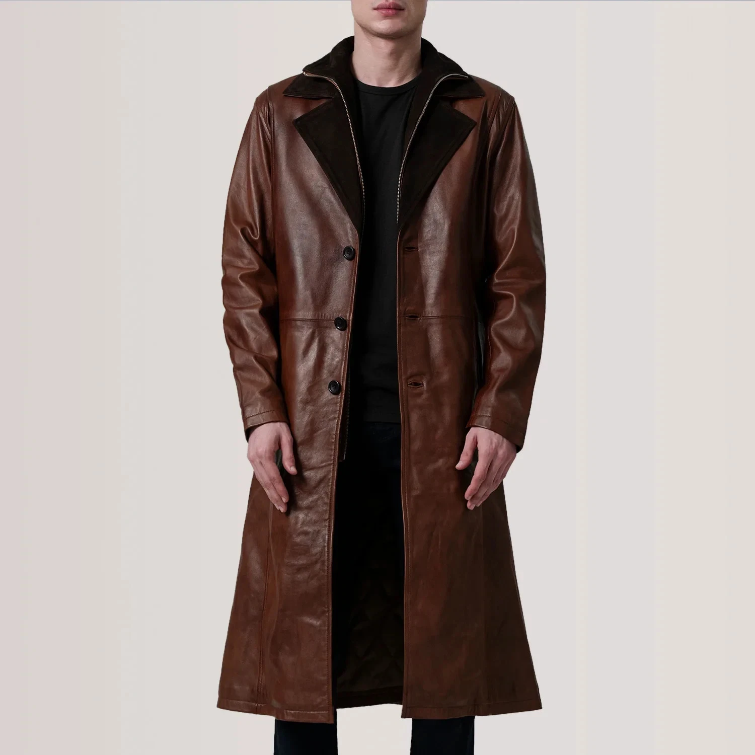 Mens Genuine Leather Trench Coat Long Brown Waxed Vintage Jacket Overcoat Winter - product detail image 4