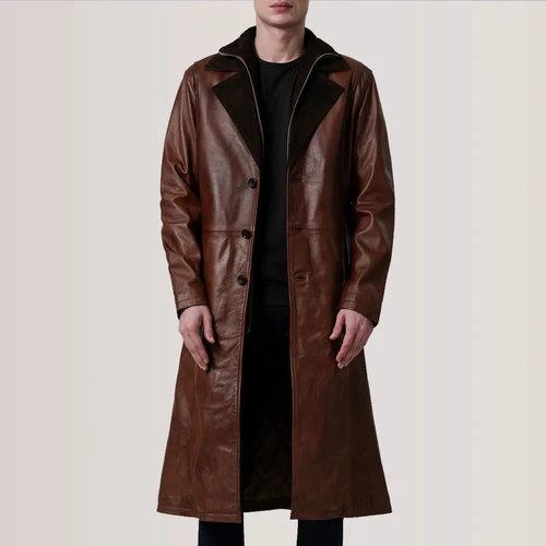 Mens Genuine Leather Trench Coat Long Brown Waxed Vintage Jacket Overcoat Winter image 4