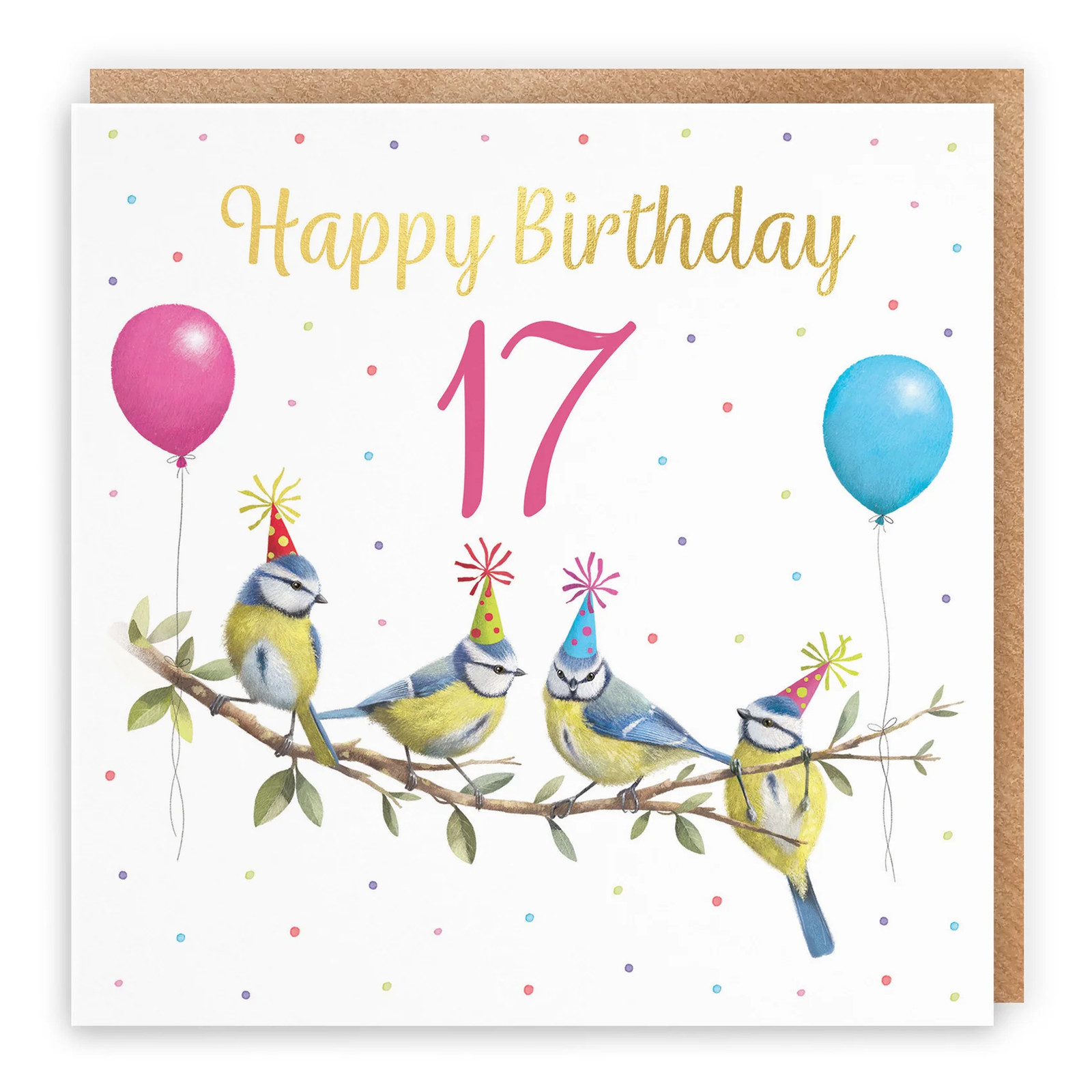 17th Blue Tits Birthday Card Gold Foil Milo's Gallery