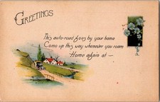 Edwardian Greetings Postcard Early Auto Road Bridge Houses MADE IN USA