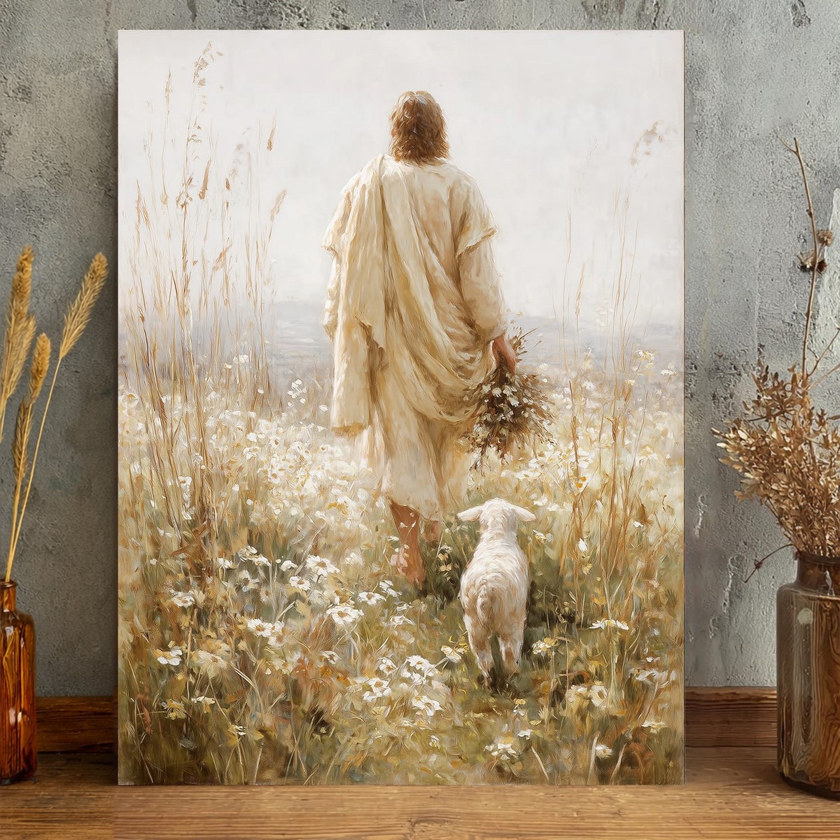 Jesus Good Shepherd with Lamb Christian Canvas Wall Art Pastoral