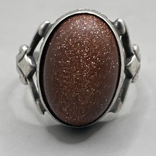 Oval Sunstone Set Scroll Design Sterling Silver Ring Size 6 2.7g
