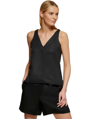 DKNY Black Linen Tank Top Sleeveless V-Neck Size XL Women's