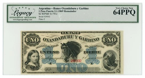 1869 Banco Oxandaburu y Garbino 1 Peso Argentina LCG 64PPQ (L6340)