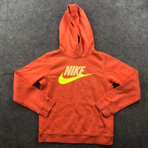 Nike Hoodie Girls Large Orange Yellow Logo Spell Out Fleece Swoosh Check Hooded - Picture 1 of 8