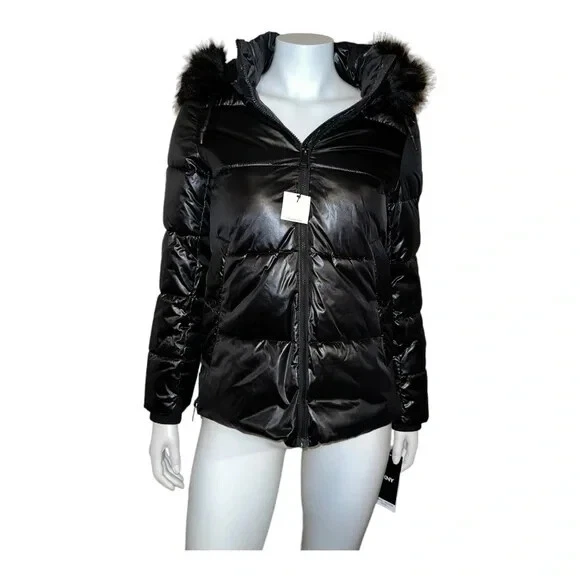 Black high shine faux fur trim padded best sale jacket