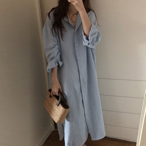 Lady Loose Long Shirt Blouse Dress Retro Casual Cotton Oversized White Blue Soft - Picture 7 of 21