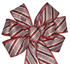 Small 5-6" Hand Made Red  White Glitter Stripe Wired Christmas Wreath Bow