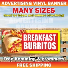 BREAKFAST BURRITOS HERE Advertising Banner Vinyl Sign Mexican Food Tacos Cafe