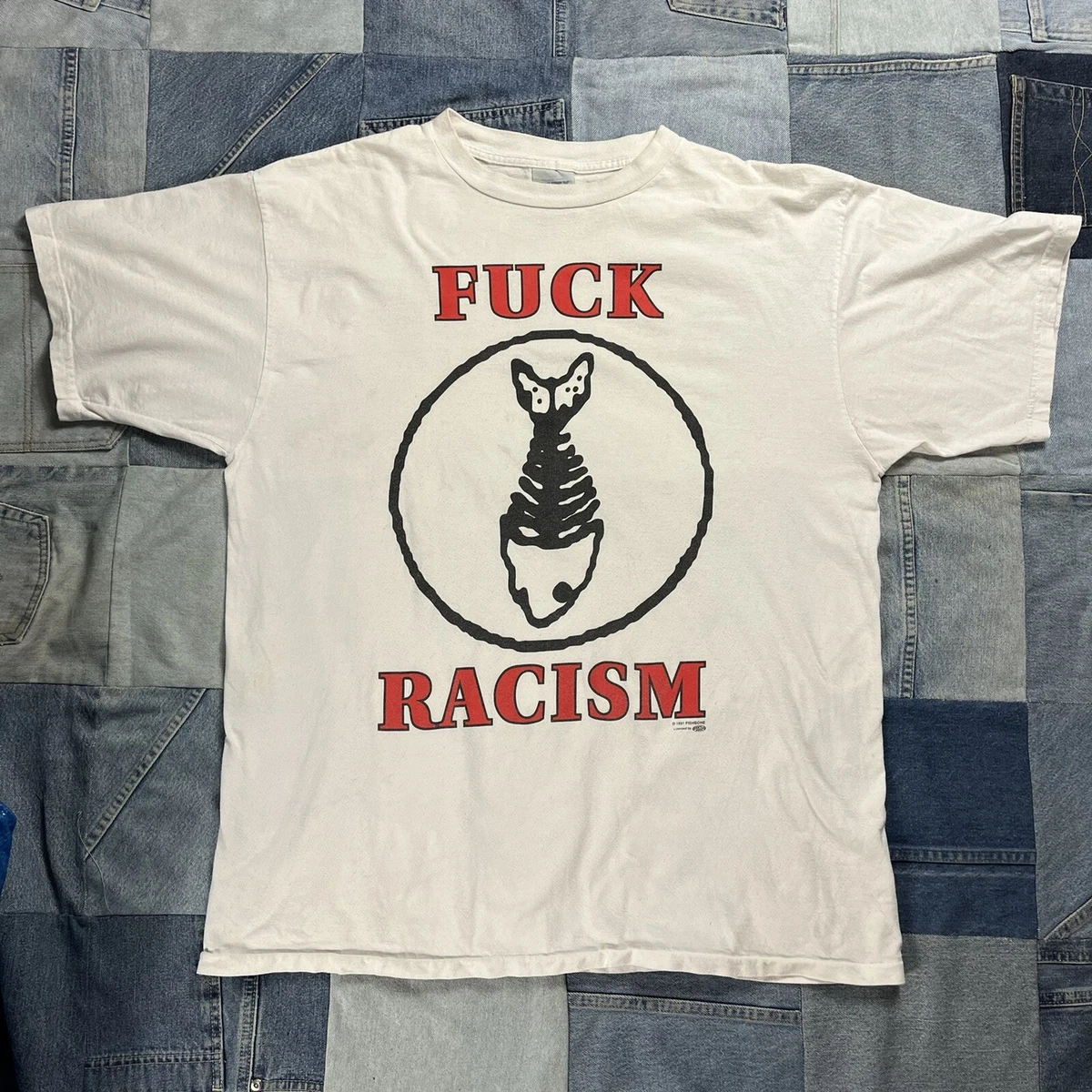 Vintage RARE 90s FISHBONE Let The Bastards Fall F*ck Racism T shirt sz XL Rock