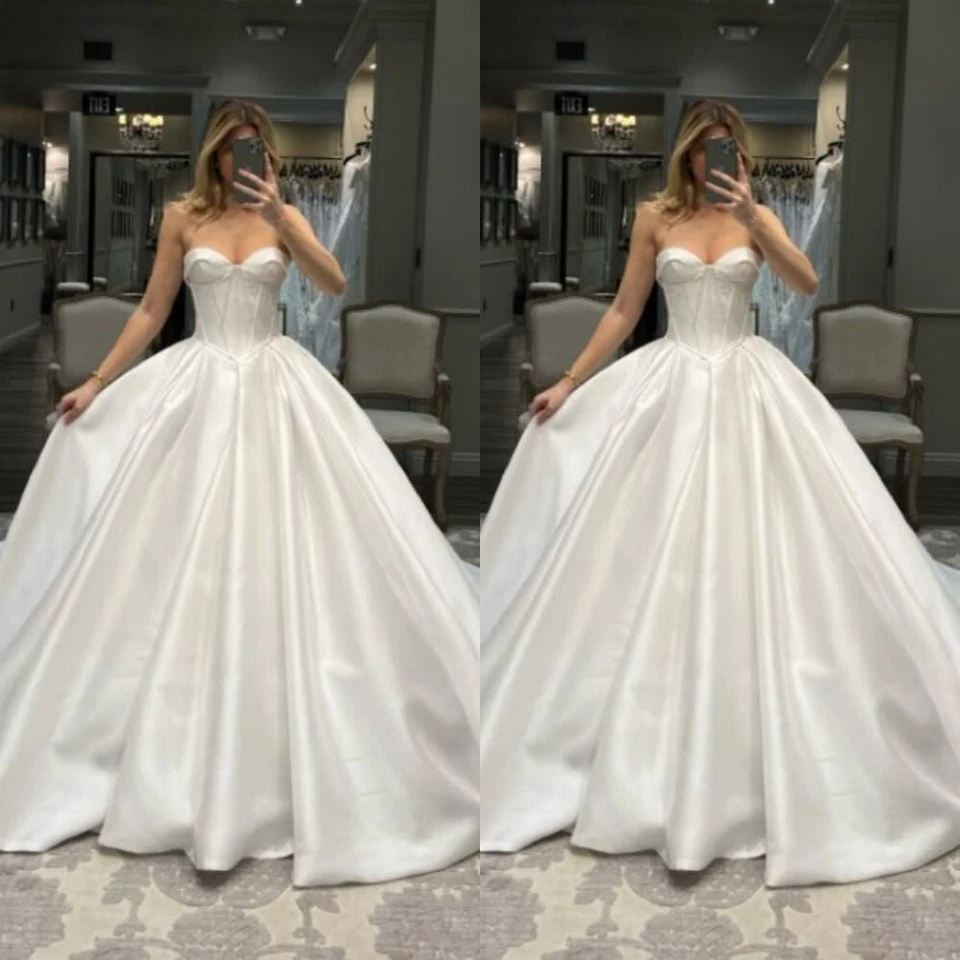 Elegant Wedding Dresses Strapless Satin White Ivory Sweep Train Bridal Gowns - Image 3 of 4