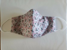 Handmade Face Mask filter pocket nose bridge triple layer white gray red flowers