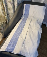 Vintage Damask Tablecloth Blue Flower Stripe Border Country Farmhouse