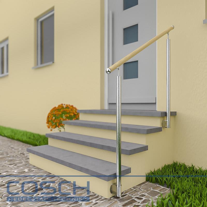 Rampe D’escalier En Bois Hêtre Avec Supports Inox – Montage Latéral, Longueur 900 à 2000 Mm