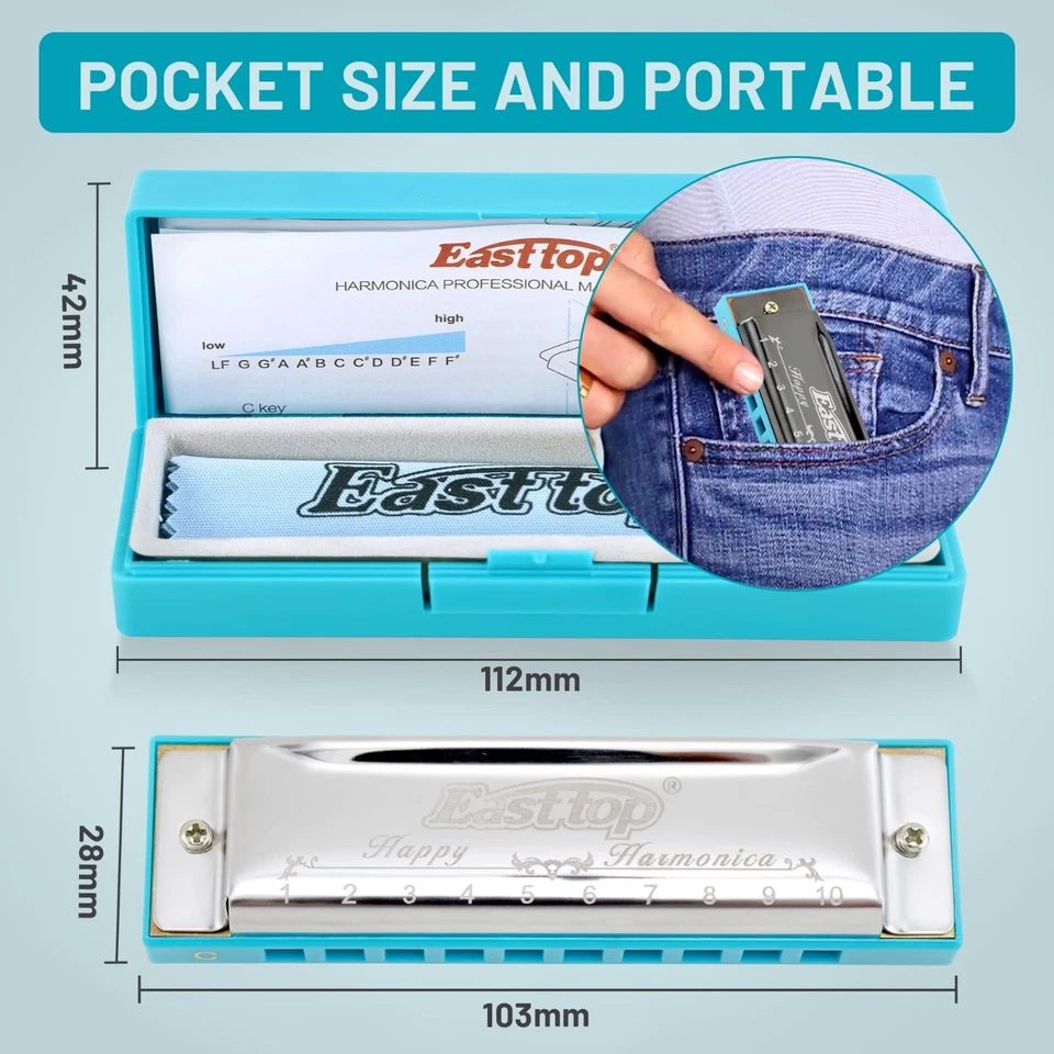 EASTTOP 2-Pack Diatonic Harmonica Set C 10 Hole Blues Harp Mouth Organ Lot Gift - Image 3 of 4