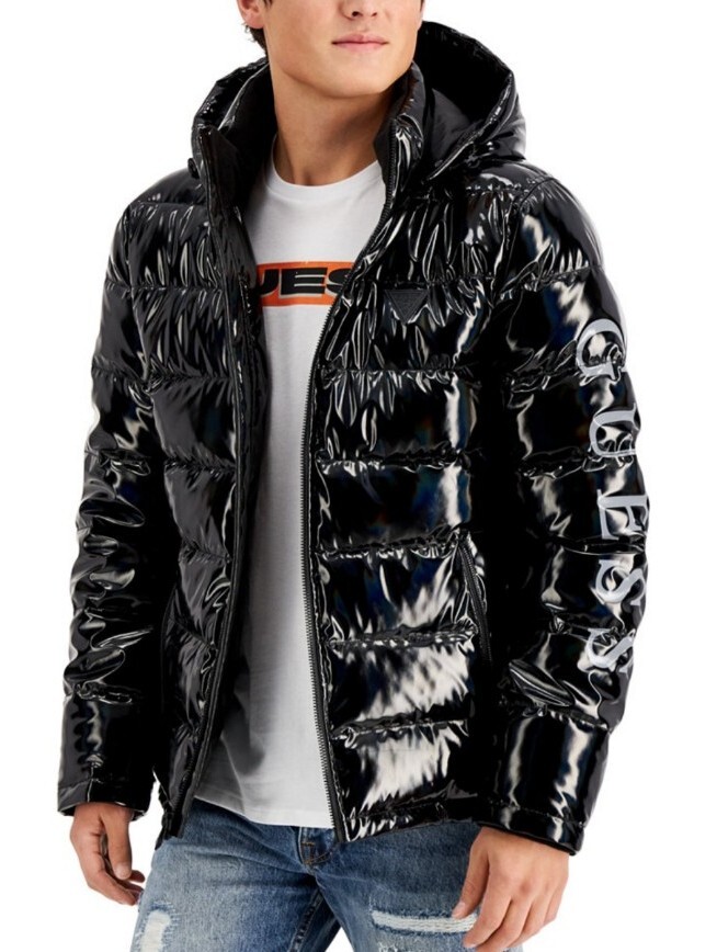 GUESS Menu0026#039;s Holographic Hooded Puffer Jacket Black Shine glossy finish  BRAND NEW | eBay
