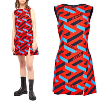 VERSACE La Greca 3-D Maze Logo Monogram Print Mini Dress 