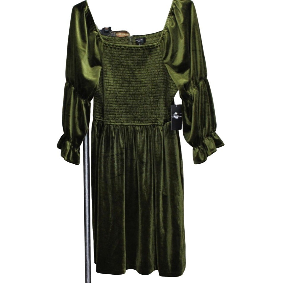 Tahari Asl Women's Velvet Square-Neck Ruched-Sleeve Dress 12 Olive Green