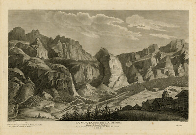 Antiker Druck-TOPOGRAPHIE-GEMMI-LEUK-SCHWEIZ-Besson-Michel-1780